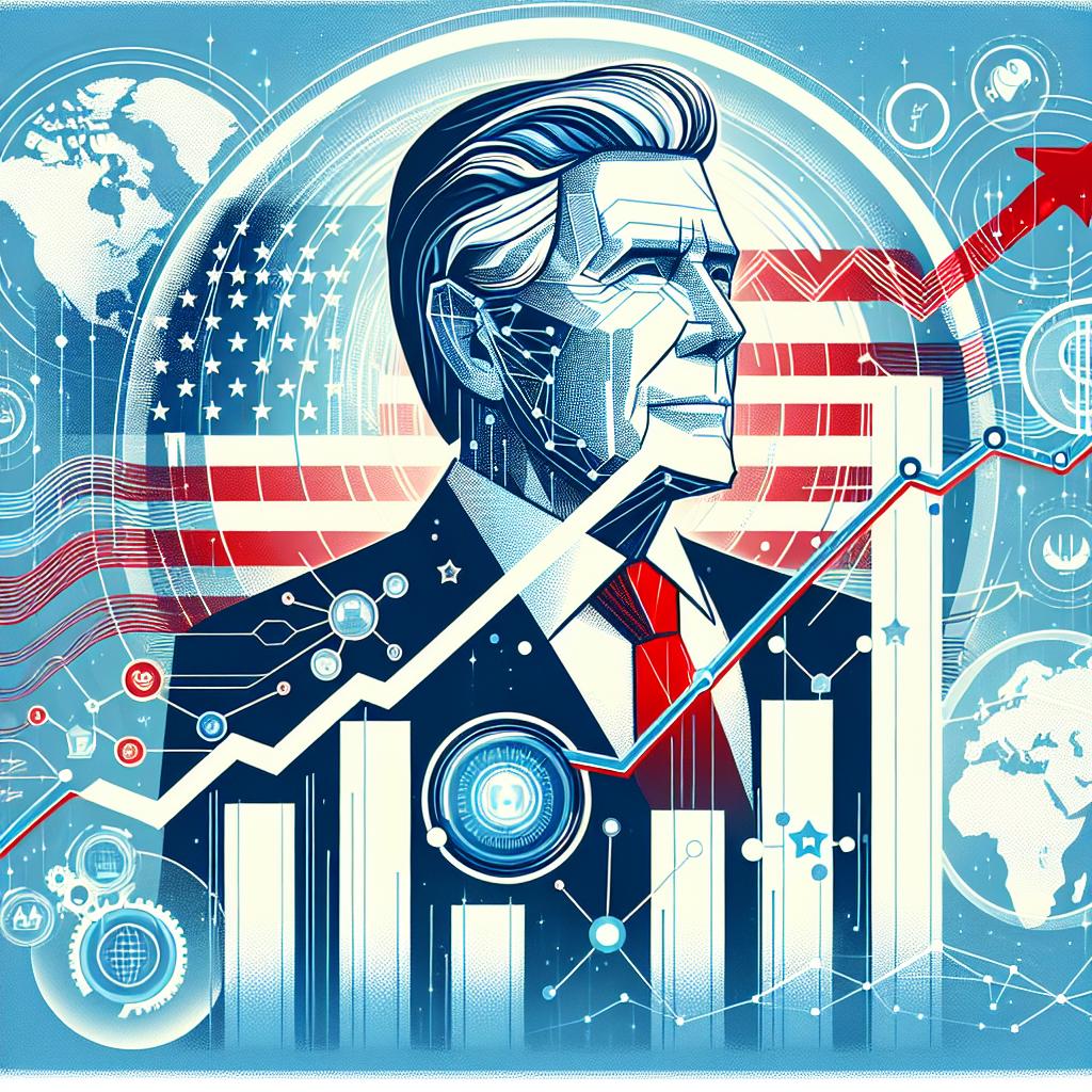 Title: The Golden New Era
Image: A notable male politician from the United States announcing a strategy toward a so-called 'golden age' with a focus on economic protectionism and technology investments, including plans for up to a USD 500 billion investment in artificial intelligence over the course of four years. The image depicts the politician in a modern setting, surrounded by symbols of technology and economic protection like ascending graphs and tech company icons.
Style: Vector, flat, corporate
Background: White and textureless
Perspective: 2-D, Linear
Additional Elements:
* The figure of a male politician - It represents political focus
* Ascending graphs - Symbolize desired economic growth
* Tech icons - Represent investment in AI
* World maps - Indicate the global perspective of the strategy
* Colors of blue and red - Represent the American flag
