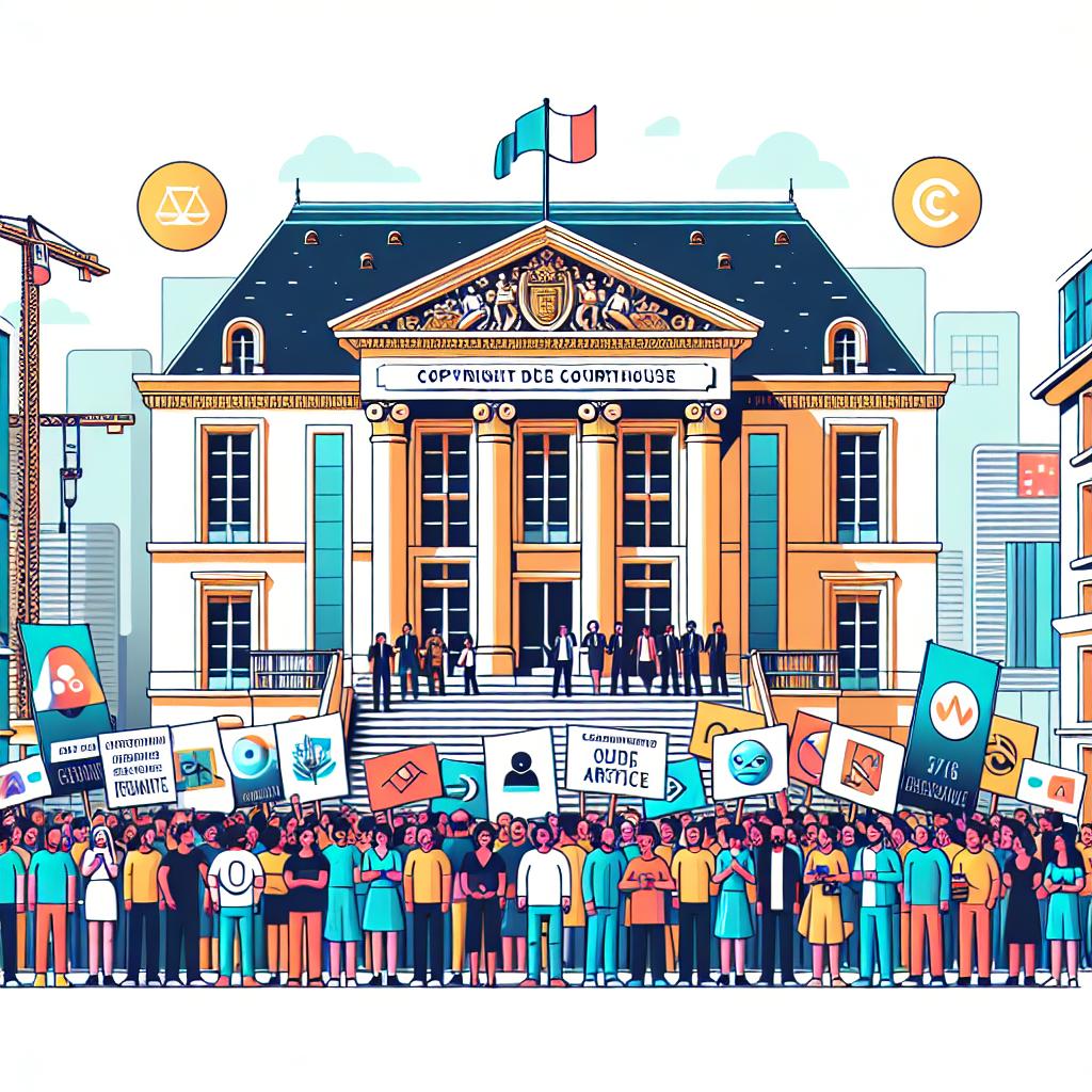 Create a detailed, brightly-colored vector illustration with a flat design style. The setting is a 2D representation of a French courthouse. Depict a diverse crowd of people gathered in front of the courthouse. These individuals should include content creators and artists of various genders and descents, all unified in their cause. They hold banners advocating for copyright protection. Alongside the banners, include visual elements related to technology, such as symbols that represent artificial intelligence. Background should be white and without texture to maintain a corporate feel.