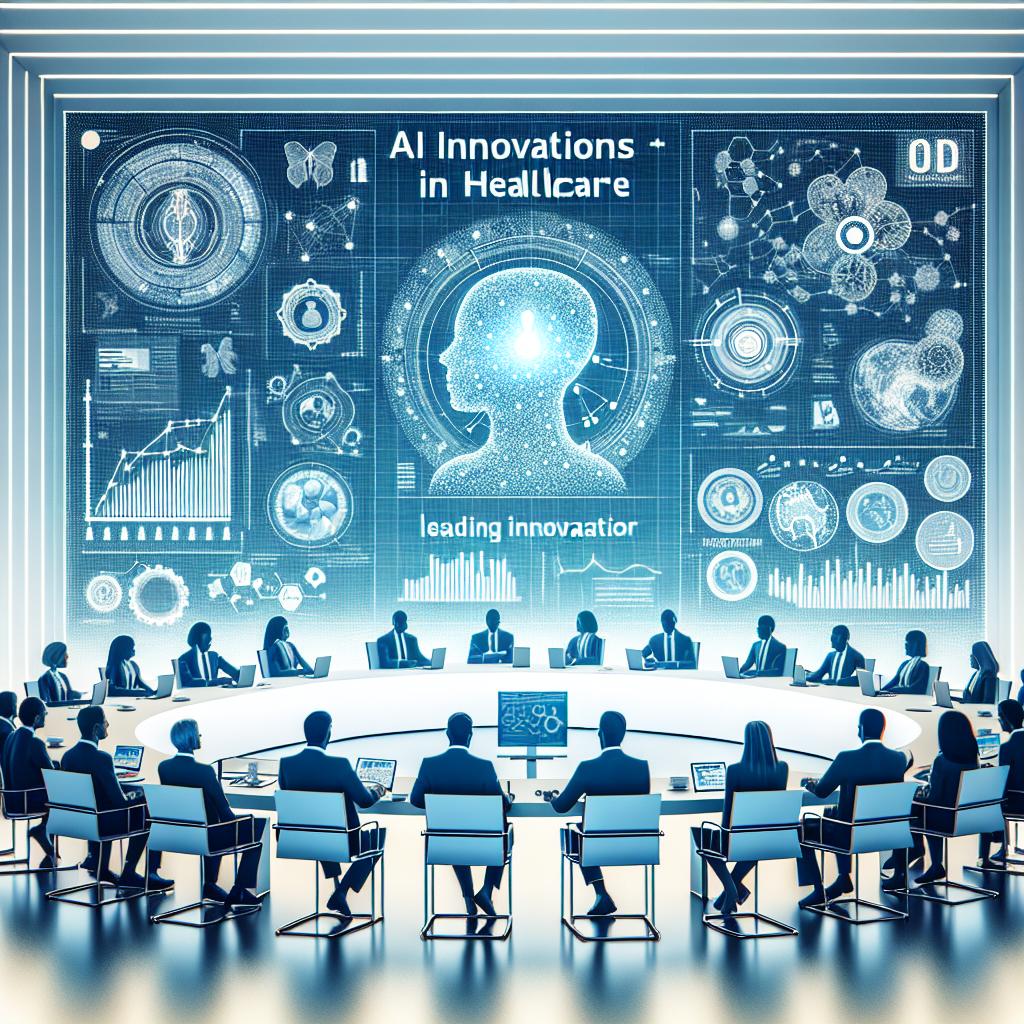 Create a flat, corporate and vector-style image showing a modern and technological conference setting where health experts are engrossed in a discussion. The scene should be in a 2D linear perspective against a textureless white backdrop. Front and centre, prominently display graphics and data related to AI innovations in healthcare. In a key position, include a stylized interpretation of a logo representing a leading innovator -- be sure not to copy any pre-existing logos. The visual ambiance should reflect the transformative role of AI in cancer research, aiming for a striking impression of precision medicine.