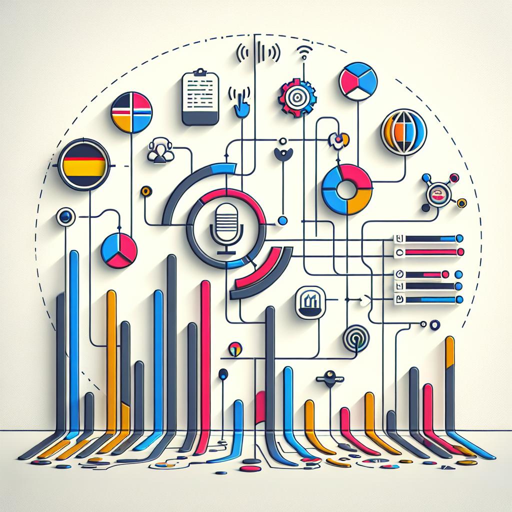 Create an image with a 2D, linear perspective in a corporate, vector-style and flat design on a plain white, untextured background. The focal point should be a modern illustration symbolizing the transcription of audio into different languages, represented by icons resembling the flags of English, German, and Spanish. Integrate elements of data graphics, such as bar charts, to highlight enhancements in error rates and the speed of the new updates. Stick to a minimalist design to ensure a clear and direct view. Use vibrant colors to draw attention to the key data and messages. Use circular shapes to symbolize the integration and fluidity of technology.