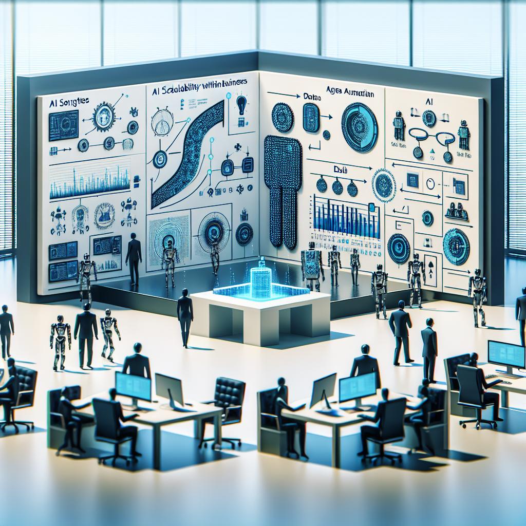 Render a vectorized, flat, and corporate-styled 2D image on a texture-less white background. In the center, depict the 2025 AI scalability scenario within businesses as predicted by Google Cloud, with a visual layout showing the interaction between different AI agents. Display robots symbolizing AI agents and automation activities, and include data graphs to represent data analysis and decision-making. Place these elements against the backdrop of an office scenario to contextualize the corporate environment. This image signifies the AI revolutionizing research within the organizations.