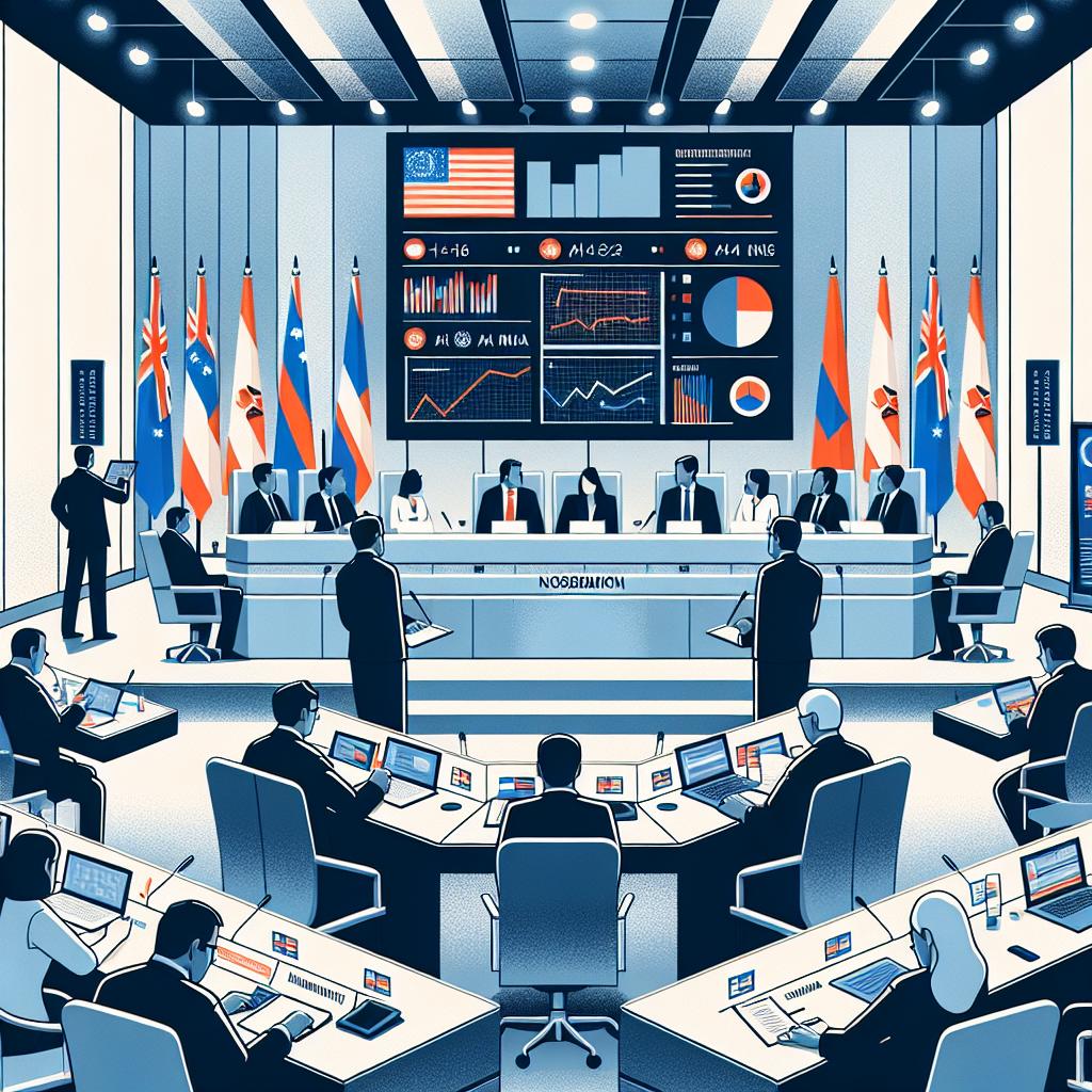 The spotlight is on an urgent debate at the non-specfic nation's parliament where the representatives along with scientists are deeply engaged in a discussion on emerging technologies such as artificial intelligence and robotics. The decorum is formal with everyone seated around a table full of data charts and diagrams highlighting the importance of scientific research and fact-based arguments in these discussions. Some are even browsing through their computers, indicative of the technological prowess at play. In one corner of the room, the national flag stands gallantly, a testament to the political environment. The style is flat and vectorial, imbued with a corporate feel. The backdrop is a plain, texture-free white in a 2D linear perspective.