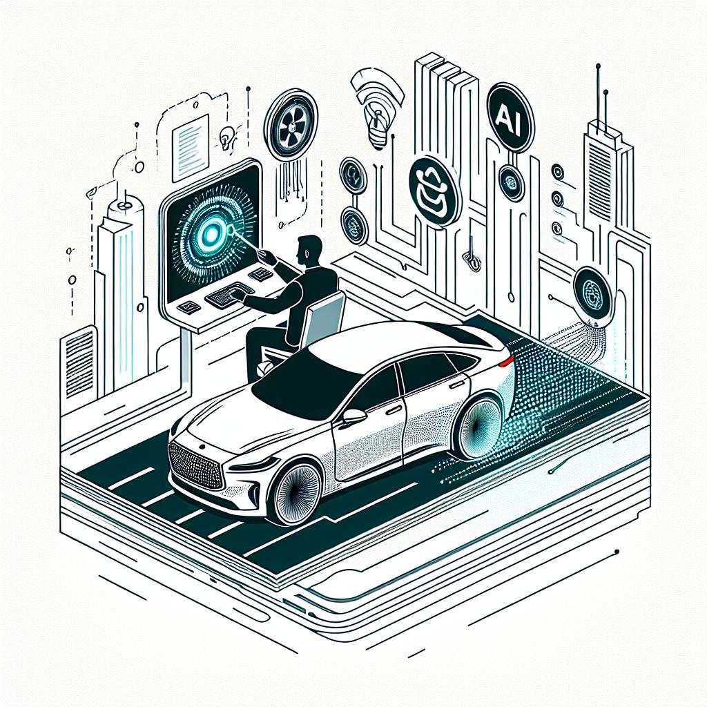 Create a modern, flat, and corporate-style illustration with a 2D linear perspective on a textureless white background. The central focus is a car representing new automotive technology, fitted with the hypothetical Snapdragon Elite platform. Depict a driver, of an unmentioned descent and gender, interacting with the vehicle's digital interface, symbolizing AI integration. Surround this setup with a futuristic urban landscape, hinting at the future of mobility, and embed visible AI icons representing the presence of artificial intelligence.