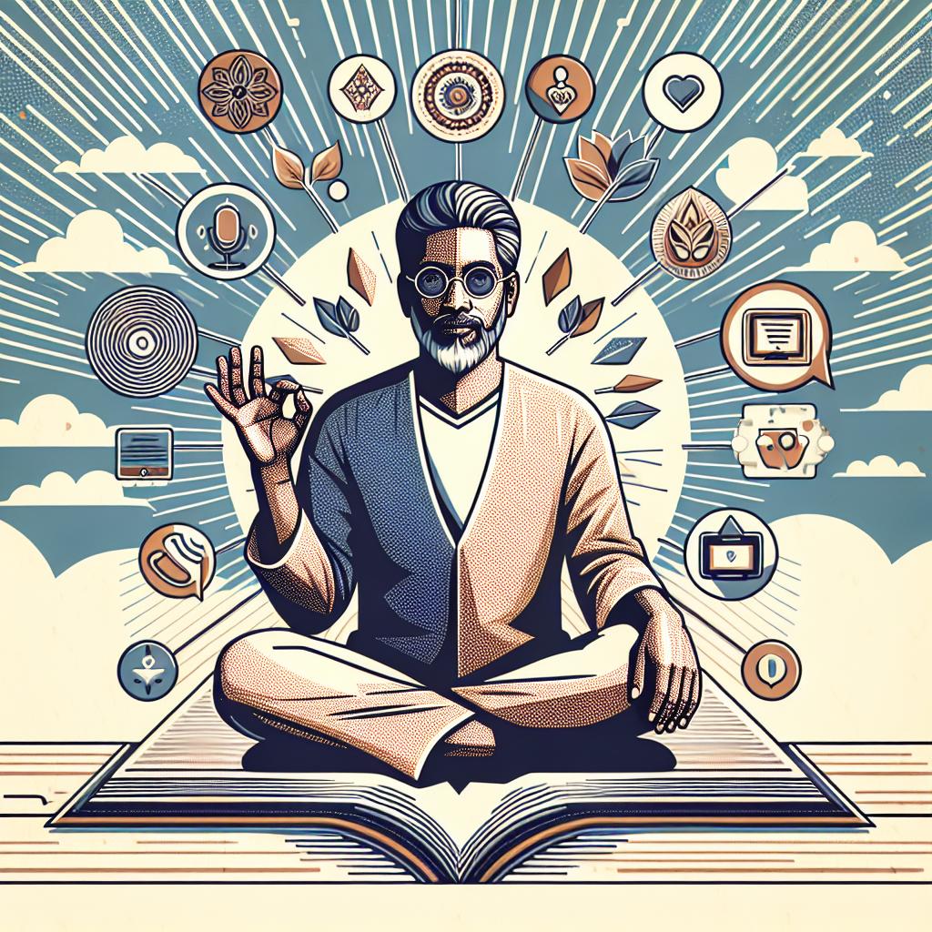Picture a renowned spiritual wellness advocate, resembling a South Asian male, in a serene environment, potentially amid a meditation setting. He is surrounded by visuals that symbolize technology, like a smartphone depicting an unnamed reading app. The background includes elements of nature invoking peace. The image style should be vector-based, flat, and corporate, with a 2D linear perspective. Include icons that represent voice functionality. There's an overlaid text highlighting a partnership with an inspiring slogan. The entire composition is set against a white and textureless backdrop.