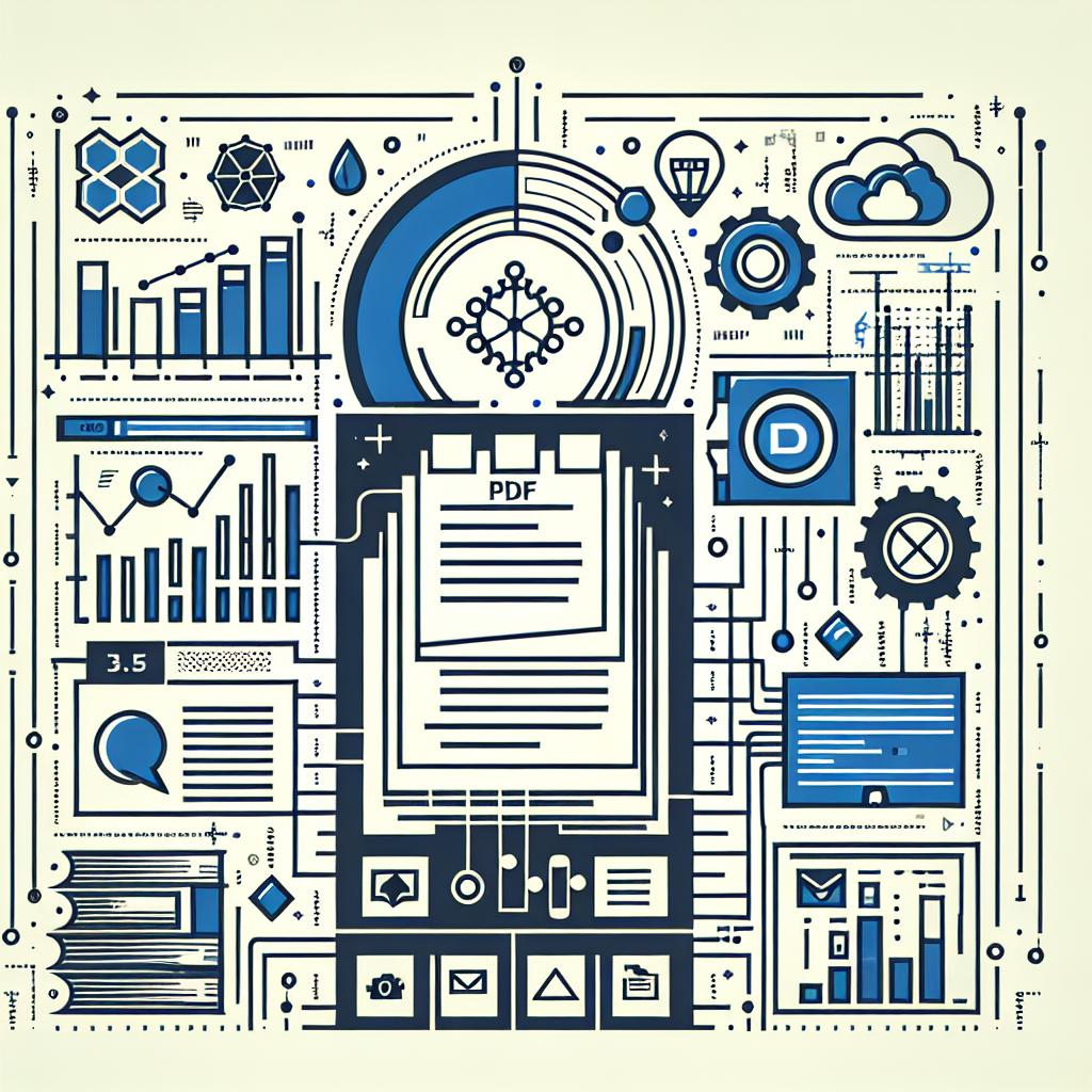 Design a modern 2D, linear vector image in corporate flat style. The image should focus on the functionality of the fictional technology device named Claude 3.5 Sonnet. This device notably supports PDF files and has enhanced document processing capabilities. The background should be white and textureless, subtly infused with graphics suggestive of data visualization. The primary colors of the image should be blue and green symbolizing technology and innovation. The image must include the representation of PDF documents along with line and bar graphs to represent data analysis. Also, include universally recognizable app icons indicating integration with prominent technology platforms, without directly referring to specific brands.