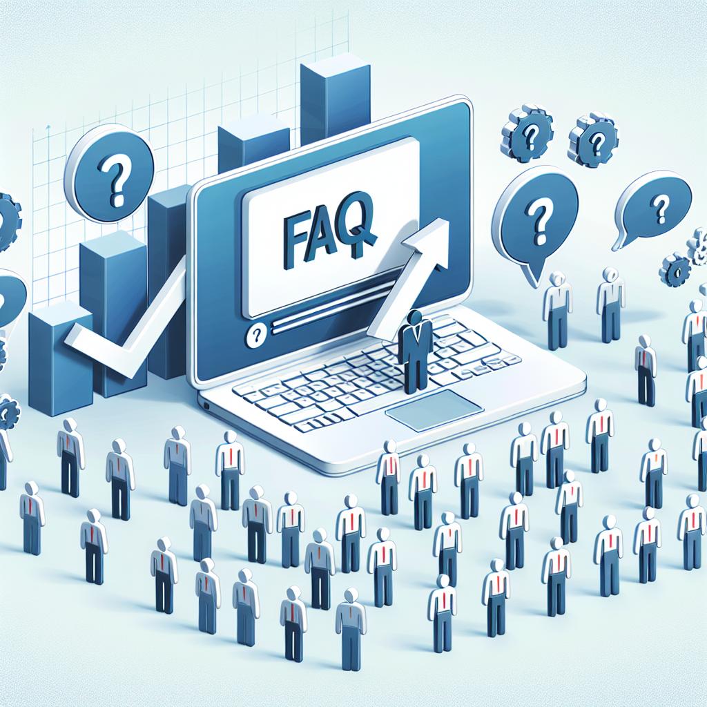 Visualize a symbolic and illustrative vector style image in 2D linear perspective. At the center, there's a laptop displaying a FAQ video. Around the laptop, are strategically positioned question mark icons, representing FAQs often posed by customers. Add an upward trending sales chart graphic, symbolizing an increase in sales following the implementation of FAQ videos. The entire setting is filled with flat and corporate vibes and is set against a texture-less white backdrop.
