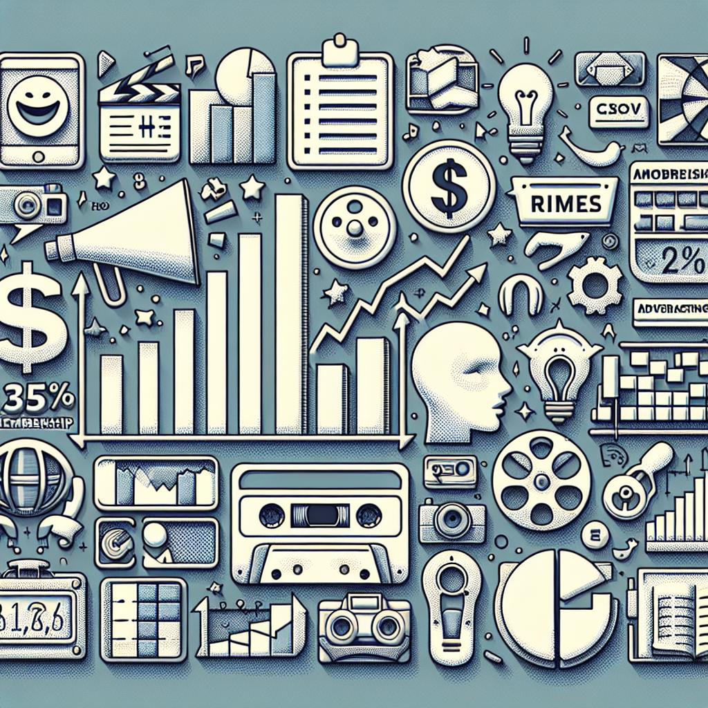 Create a 2D, vectorially drawn image with a corporate aesthetic and a flat, white, texture-less background. The image should graphically represent the 15% revenue growth and 35% membership expansion of a generic streaming service in the third quarter of 2024. Include elements such as growth charts illustrating the increase in revenue and membership, advertising icons to symbolize the new monetization approach, and various entertainment elements like comedy masks, film reel, music notes and book icons to highlight the diversity of available content.