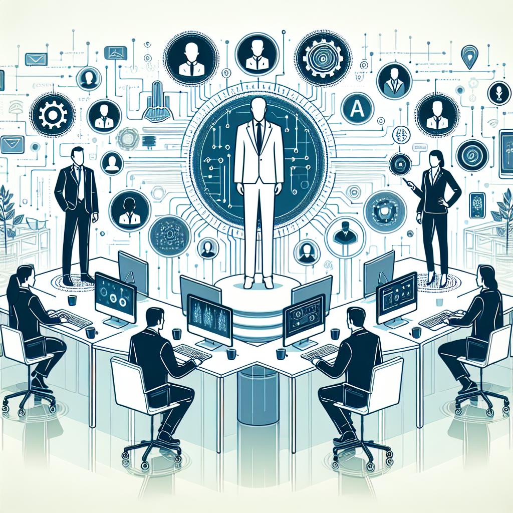 Create a flat, vector-style, corporate image in the 2D linear perspective. Picture a modern office setting, filled with devices and interfaces that symbolize the presence of AI in the business environment. The central figures should be CEO characters of diverse descents and genders, interacting with the technology, symbolizing the fusion between leadership and technological innovation. Set this against a clean, white and untextured background. This symbolizes the impact of AI on the skills necessary to become a CEO, influencing decision-making, strategy, and organizational dynamics.