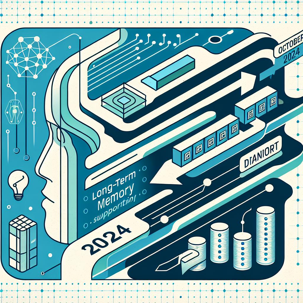 An image in 2D, linear perspective with a white and textureless background. The style is vector, flat, and corporate. The major theme is the concept of memory in AI agents. Represents October 8, 2024, when LangGraph announced the introduction of long-term memory support in their platform. Illustrate the transition from short-term to long-term memory with representative storage icons and interaction illustrations. These icons symbolize the data memorization and the personalization of services. Include arrows indicating transition to emphasize the continuity of interactions. Use blues and greens, colors that evoke technology and transmit modernity.