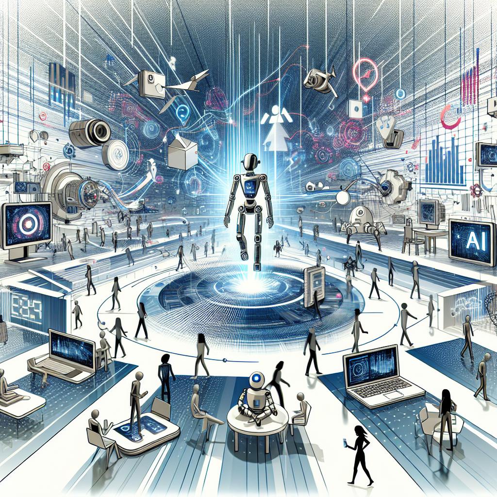Visualize an innovative technology environment at CES 2025 showcasing the new era of Artificial Intelligence. The scene is brimming with modern personal devices like laptops and robots, emphasizing the role of AI in operating them. The background is kinetic and full of graphics representing data and AI. The style is vectorial, flat, and corporate, set against a plain white, textureless background. It's a 2-dimensional linear perspective. Also, include additional elements like cutting-edge electronic devices signifying the practical application of AI, data graphics symbolizing the gathering and processing of information, and people of different descents and genders interacting with technology to underscore the human aspect of innovation.