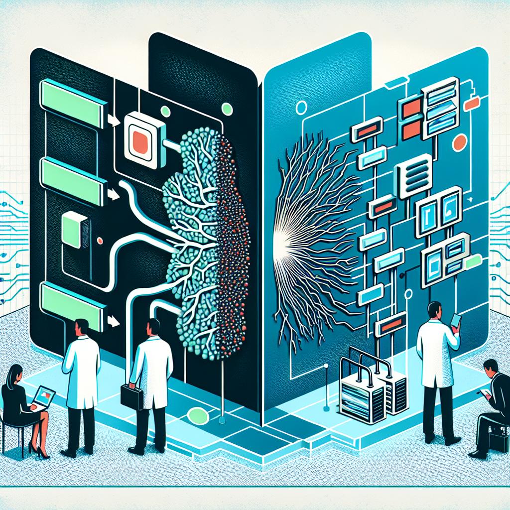 Create a corporate-style, flat, 2D vector image that illustrates the dual nature of Generative Adversarial Networks (GANs). The scene is set against a white, texture-less background with a technological motif. On one side, include elements representing the generation of synthetic data, denoted by neural networks which symbolize the technical foundation of GANs. The opposite side should convey the evaluation of data authenticity. Employ shades of blue and green to embody technology and innovation. The visual storytelling should convey the theme's complexity and the innovation power of GANs, as per the newly published article, 'The GAN Is Dead; Long Live the GAN!', which was posted in January 2025.