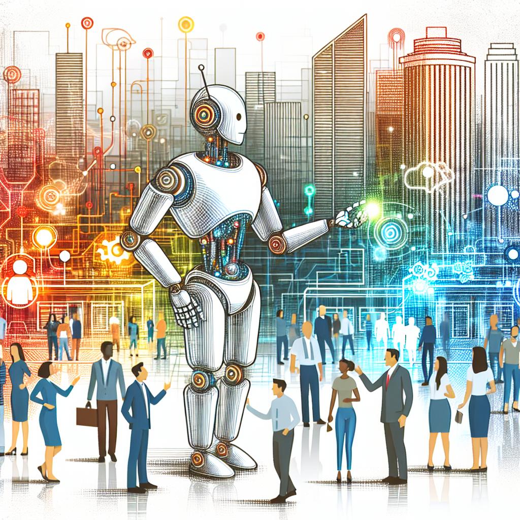 Create a corporate-style, vector art image with a white, texture-less background in a 2D linear perspective. The image features an interacting scene between a metallic-colored, stylized robot and a diverse group of humans of different ages and ethnicities in an urban environment. There are elements of a modern city in the backdrop, symbolizing the context of modern technology, with bright and vibrant colors that represent an optimistic and technology-forward future. These elements together symbolize the collaboration between innovative AI technology and an inclusive society.