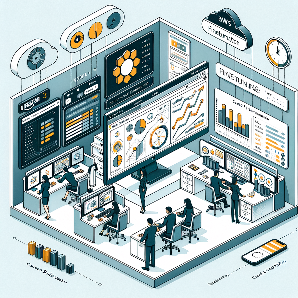 Generate a flat and corporate-styled, vector-based, 2D linear image on a white, textureless background. This image should depict a modern, technological office signifying innovation. In this office, there are IT professionals and business-oriented people of varying genders and descents collaboratively working. On a computer screen, the Amazon Bedrock console is in use with various charts and diagrams symbolically representing fine-tuning processes. Both the AWS and a fictional tech company's logos are subtly visible in the background. This setup illustrates the customization of the hypothetical 'Claude 3 Haiku' model, showcasing heightened efficiency and accuracy in specialized tasks.