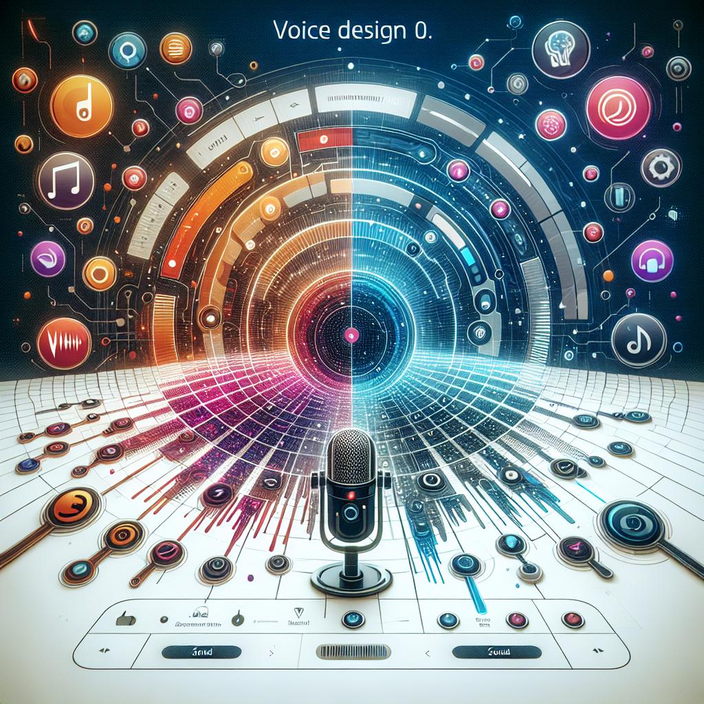 An image showcasing the interface of the Voice Design 2.0, launched by the innovative company ElevenLabs on October 23, 2024. The tool allows the creation of unique voices based on textual descriptions, expanding creative options for game developers, filmmakers and content creators. The image is designed in a corporative, flat and vectorial style. It displays a technological and modern background with icons representing voices and sound effects, emphasizing the innovation in audio creation. This 2D, linear perspective picture should have a white, textureless background. Additional elements include a user interface hinting at easy usage, sound icons depicting a variety of voices and effects, a futuristic background symbolizing technological innovation, and a vibrant color pallet attracting the eye and suggesting creativity.