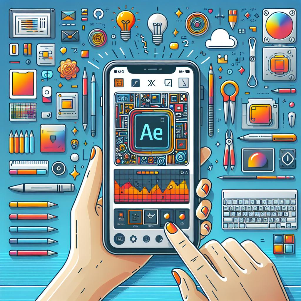 Visualize a vector-style, flat, corporate-themed 2D linear image. A smartphone is at the center showcasing the screen featuring an in-progress creative project with AI editing tools. The tools consist of various small icons symbolizing the features of the photo editing app. Set the scene in a modern workspace or office backdrop filled with inspirational elements. Make sure to include a logo at the top corner of the smartphone screen, which is representative of a credible technology brand, but not naming Adobe specifically. The space around should be filled with radiant, vibrant color palette symbolizing creativity. The image is set against a white texture-free background.