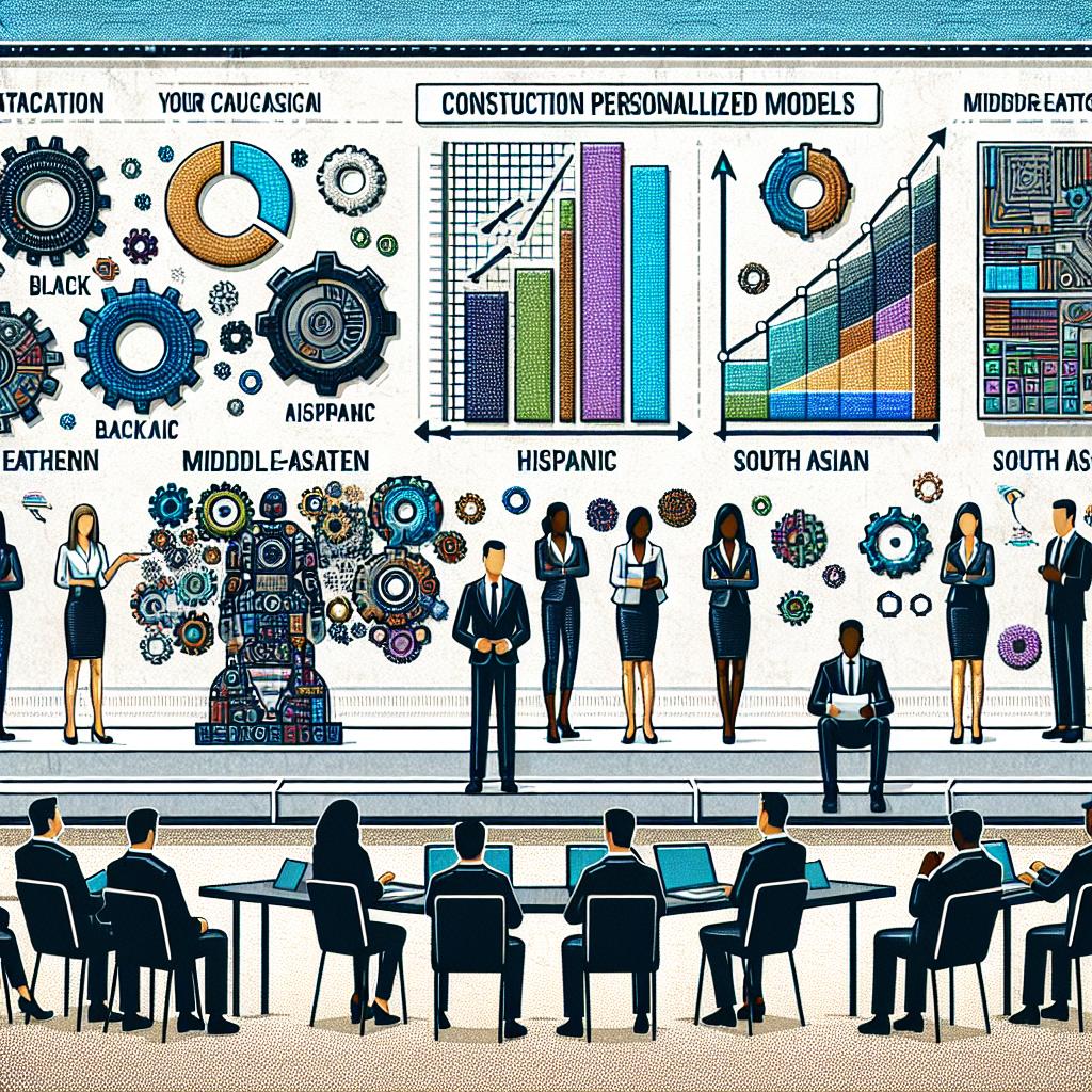 Create a vector-styled, corporate 2D image on a textured white background. The scene is of a panel discussion symbolizing the collaboration between businesses and AI developers and their transition towards construction of personalized models. On the panel, various technical experts of different descents, such as Caucasian, Black, Hispanic, Middle-Eastern, South Asian are engaged in conversation. Modern colors depicting innovation and technology should be used throughout the image. Various types of charts are shown, portraying the efficacy of the customized models in comparison to large-scale models.