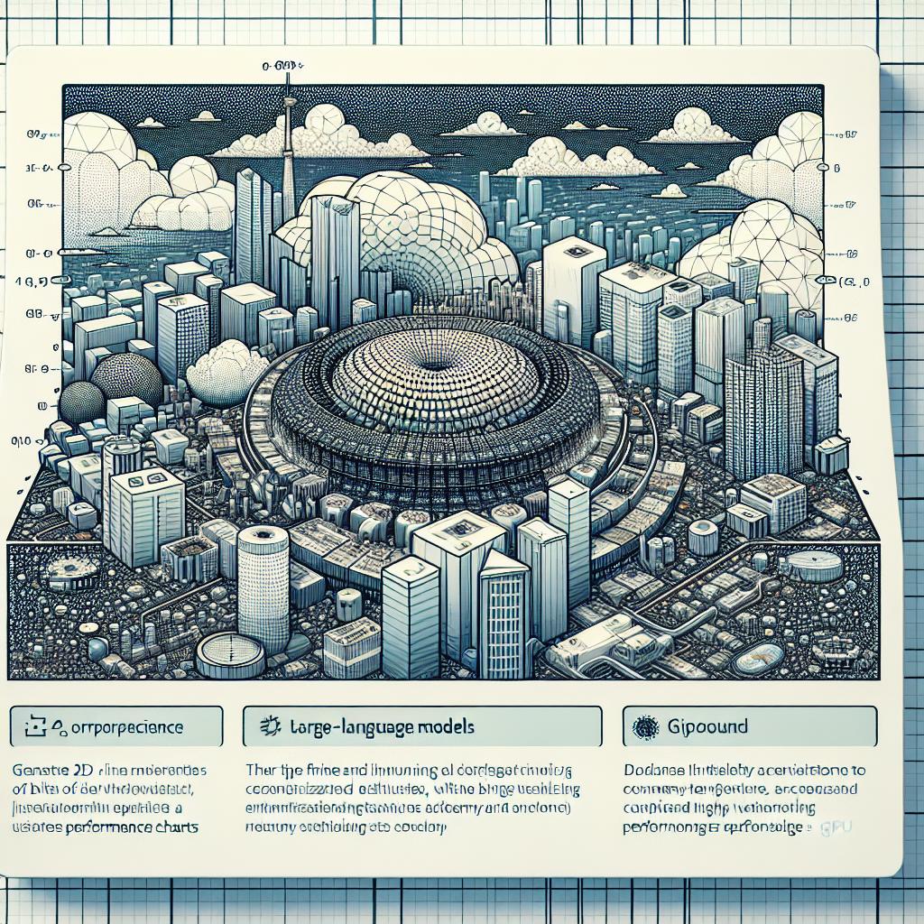 Generate a 2D, linear perspective image in a flat, corporate vectorial style. The background should be white and textureless. The central theme of the image is the fine-tuning of large language models, represented through visual interpretations of these models interacting with various quantization techniques such as QLoRA and AutoRound. To illustrate their efficiency and economy compared to bitsandbytes, include visualized performance charts. Set this scene against a backdrop implying a GPU environment, underlining the use of current technology.