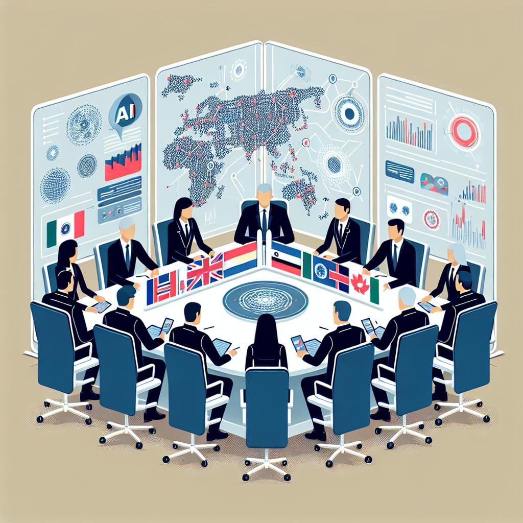 Design an image embodying an international collaboration around Artificial Intelligence. Depict a styled 2D, vector illustration representing leaders from several nations sitting around a negotiation table in a conference room that is plain white with no texture. Ensure the personalities are diverse in descent and gender to reflect the worldwide partnerships. On the table, there should be flags of participating countries, documents, and pens symbolizing the formalization of the treaty. In the background, display abstract graphs and diagrams about AI, visually communicating the technical discussion taking place. The overall illustration should reflect a flat, Corporate visual environment.