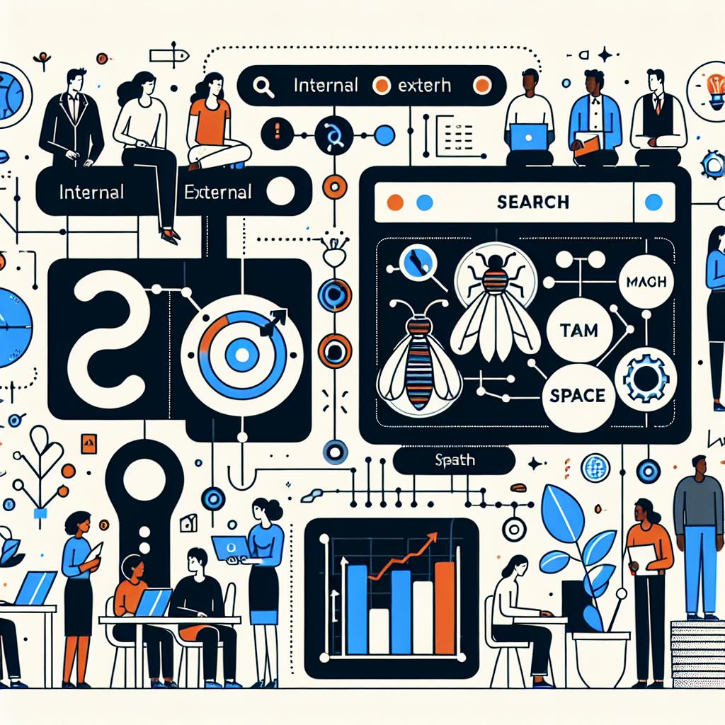 Create a 2D-linear, corporate and Flat vector art style image on a white and textureless background that represents the Perplexity AI platform, highlighting its integrated search functionalities and team collaboration through 'Spaces'. Additional elements to be included are an interface depicting internal and external search options, illustrations of diverse teams of men and women of different descents such as Caucasian, Hispanic, Black, Middle-Eastern, South Asian, and White sharing information in a work setting, representations of efficiently managed data through charts or tables and symbolic elements like a caterpillar and light which embody digital transformation and modernization of procedures.
