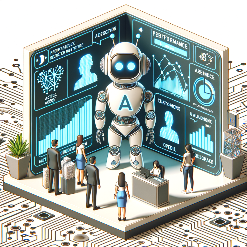 Create a 2D, linear perspective, vector style, flat corporate image on a white, untextured background. The scene takes place in a futuristic digital environment filled with technological elements such as circuits and holograms. Portray an AI agent, represented by a robot, which signifies Ada's customer service platform. Regarding the customers, illustrate them as avatars interacting with the robot; ensure to depict a mix of genders and descents among the avatars. A performance graph is also featured, indicating an improvement in resolution rates. The logos of Ada and OpenAI are prominently displayed.
