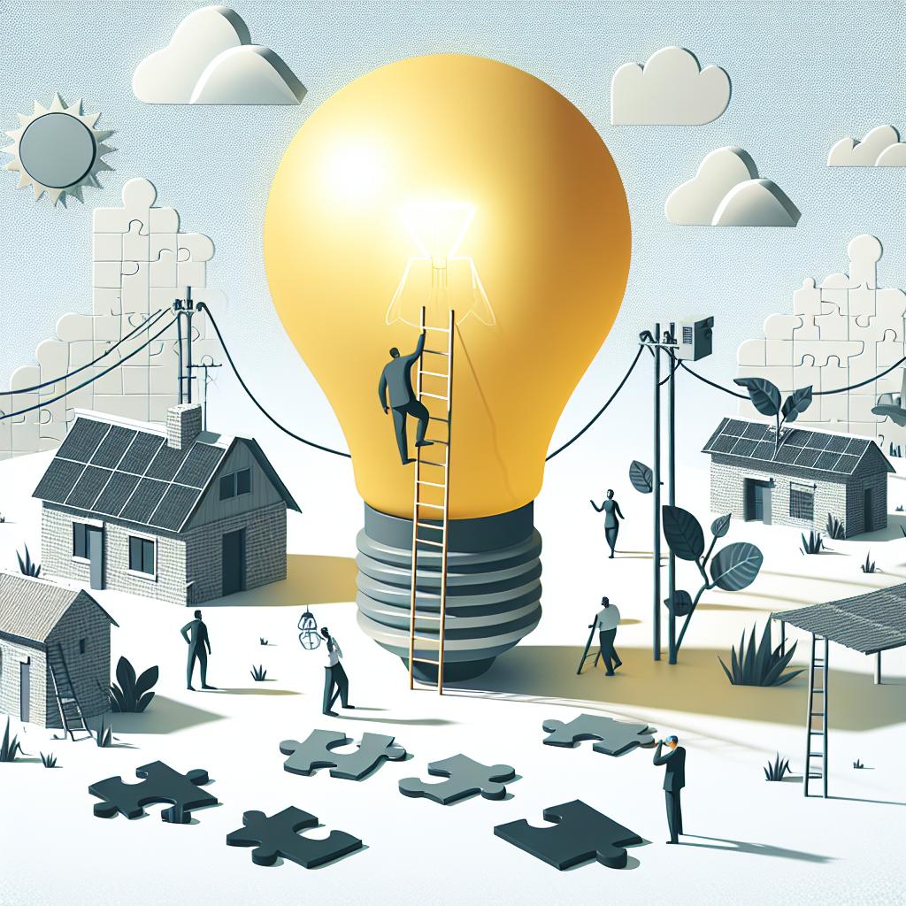 Create a 2D linear perspective image in a corporate and flat vector style. The scene should be placed against a textureless white background. At the center, a huge lightbulb symbolizing the urgent need for lighting solutions should be featured. An individual, representative of diverse ethnicity, should be depicted climbing a ladder towards the giant lightbulb, representing human efforts to tackle challenges. Surrounding them should be a rural scene, signifying areas affected by lighting poverty. Scattered around are puzzle pieces, symbolizing the quest for solutions.