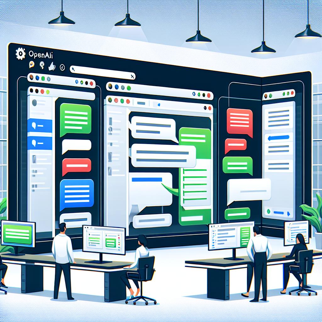 Create a 2D digital image in a flat vector style. The setting should be corporate and with a clean, white background. Show multiple computer monitors representing the Canvas interface of ChatGPT. Highlight changes in text, displayed on the monitors, in green and red colors for visual distinction. Place an OpenAI logo somewhere in the scene to signify the innovating company. Make sure the overall impression communicates an updated ChatGPT Canvas function, which now allows users to view modifications in generated responses.