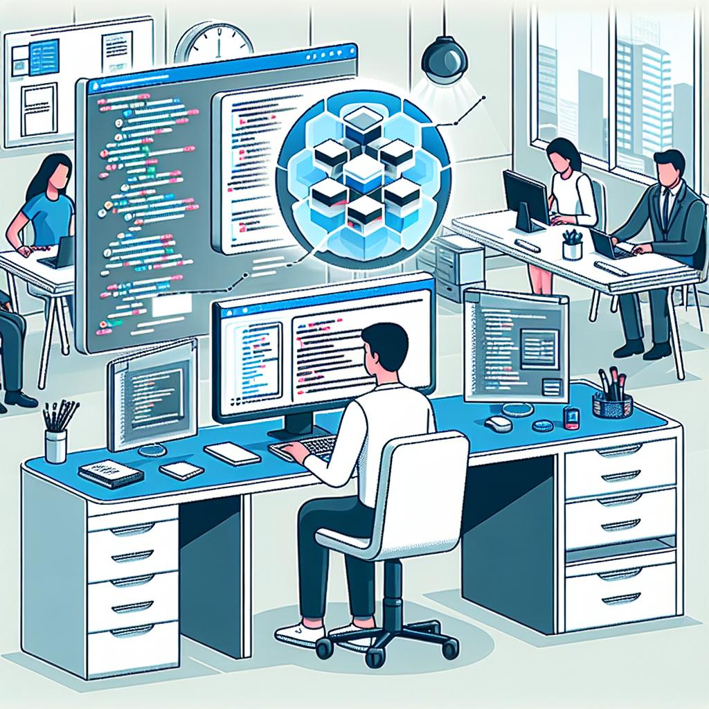 Create a 2D, flat vector-style image set in a corporate scene with a pure white background. At the center, display a developer, indifferent of gender or descent, engaging with the Interface of Codeium, a platform for AI programming. They are using its new remote indexing feature which allows access to multiple code repositories. On the developer's screen, let's see the functionality in action and visualize some blocks of code being referenced. Surround the developer with a modern work setup representing a typical high-tech office environment.