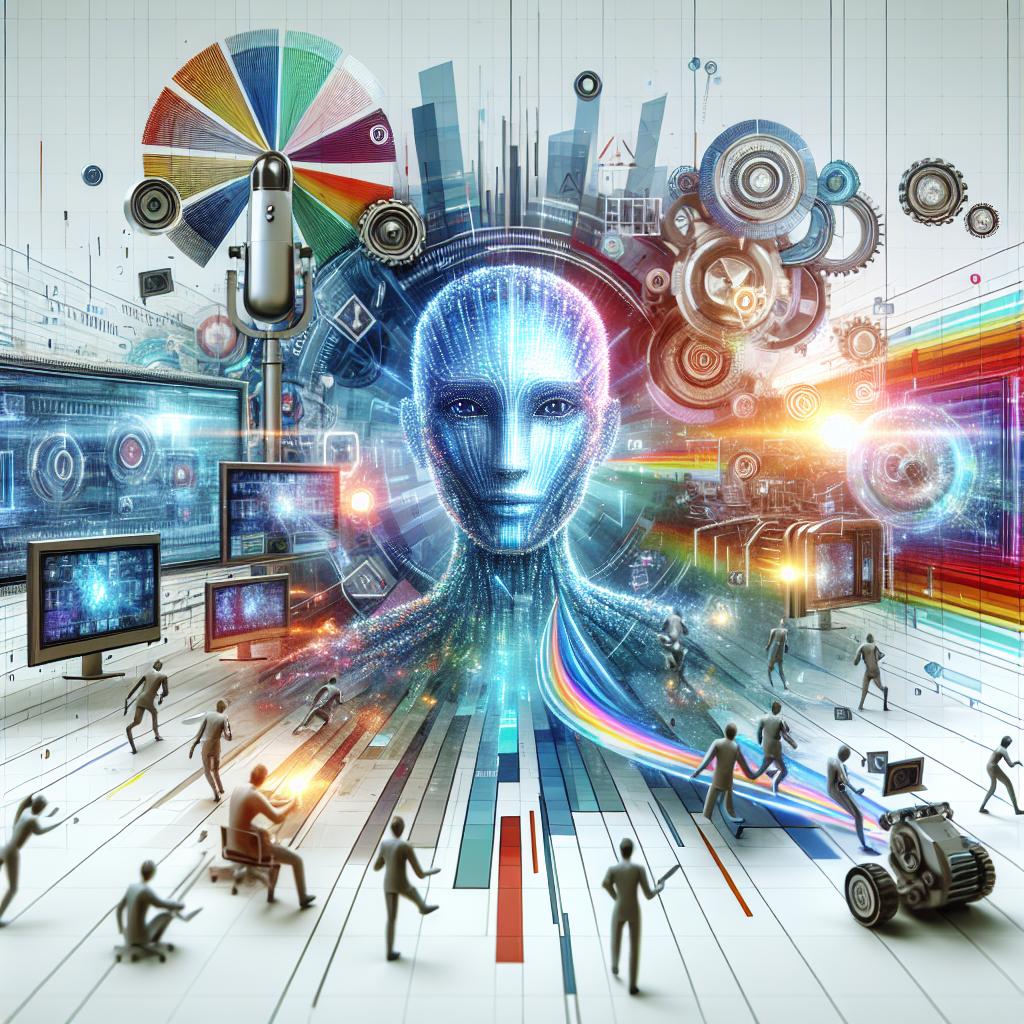 Create an image in a flat, corporate style from a 2D, linear perspective on a texture-less white background. The image should depict a futuristic scenario showing the integration of technology and creativity. Include an AI avatar, symbolizing the voice technology powering UGC. Surround the avatar with dynamic video screens, illustrating large-scale production. Feature vibrant colors to signify innovation and creativity, along with elements of digital marketing reflecting the focus on the industry.