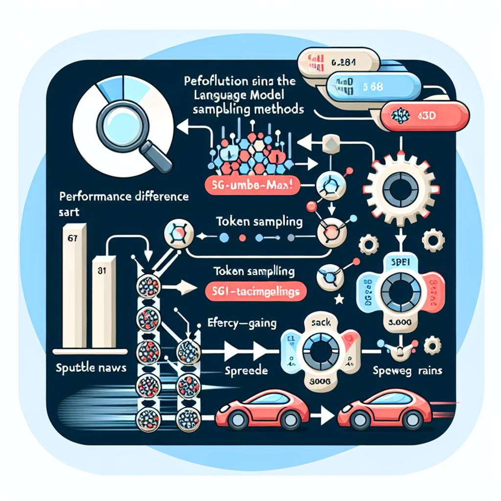 Please generate an image showcasing the evolution in Language Model Sampling. The illustration should be in a 2D, Flat, and Corporate style. It should contain elements such as a comparison chart showing the performance difference between traditional sampling methods and the new Gumbel-Max technique. Additionally, a flowchart demonstrating the token sampling process could be included. Sprinkle a few speed icons to symbolize efficiency gains. The background should represent technology innovation advances in the field of Artificial Intelligence. Ensure the background is white and without texture for a clean and professional look.