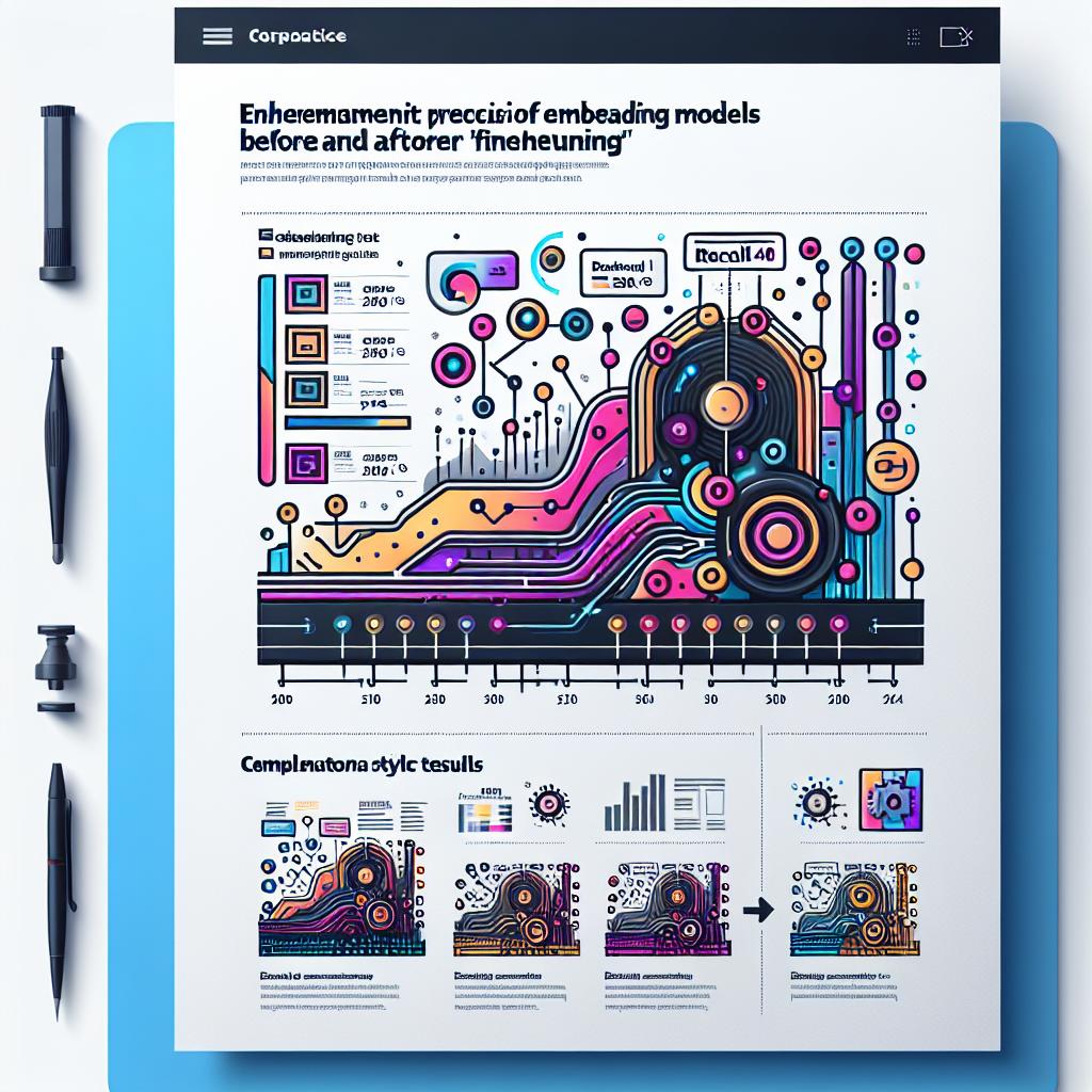 Create a 2D, linear, corporate-style, vector flat image on a plain white background. Include a comparative graph that illustrates the enhancement in precision of embedding models before and after finetuning. The graph should specifically highlight the results of 'Recall@10' to emphasize the importance of this technique in improving business search systems. Add explanatory text to provide context to the results, subtle colors for visual uniformity and clarity. Also, incorporate technology icons that signify the field of artificial intelligence.