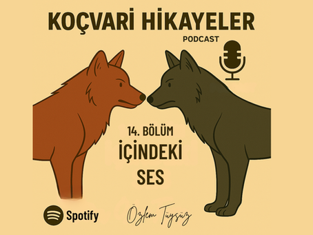 “Koçvari Hikayeler Podcast 14. Bölüm: İçindeki Ses — Birbirine bakan kahverengi ve siyah iki kurt çizimi, içsel çatışmayı simgeliyor. Üstte podcast adı, altta bölüm başlığı ve Özlem Tüysüz imzası yer alıyor.”