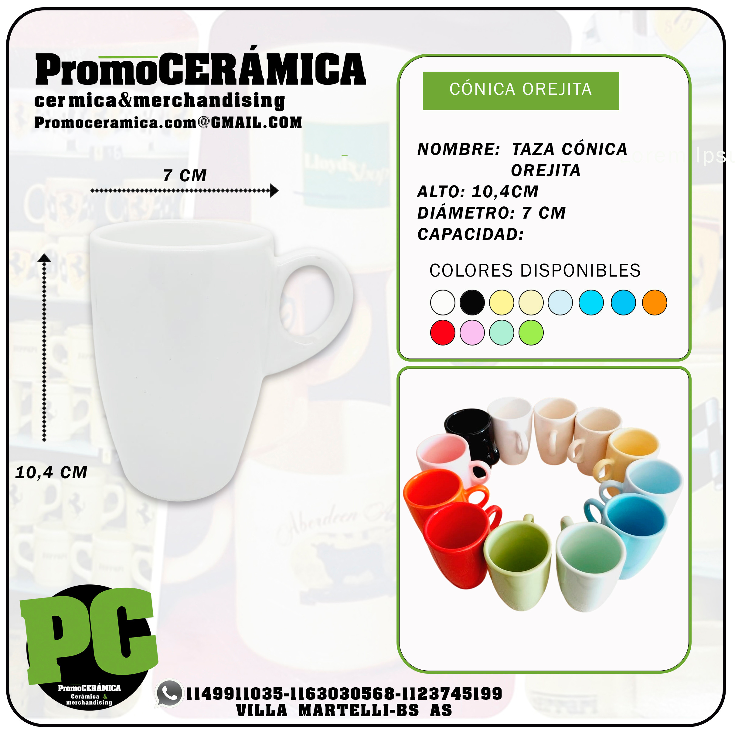 TAZA CÓNICA OREJITA CERÁMICA BLANCA