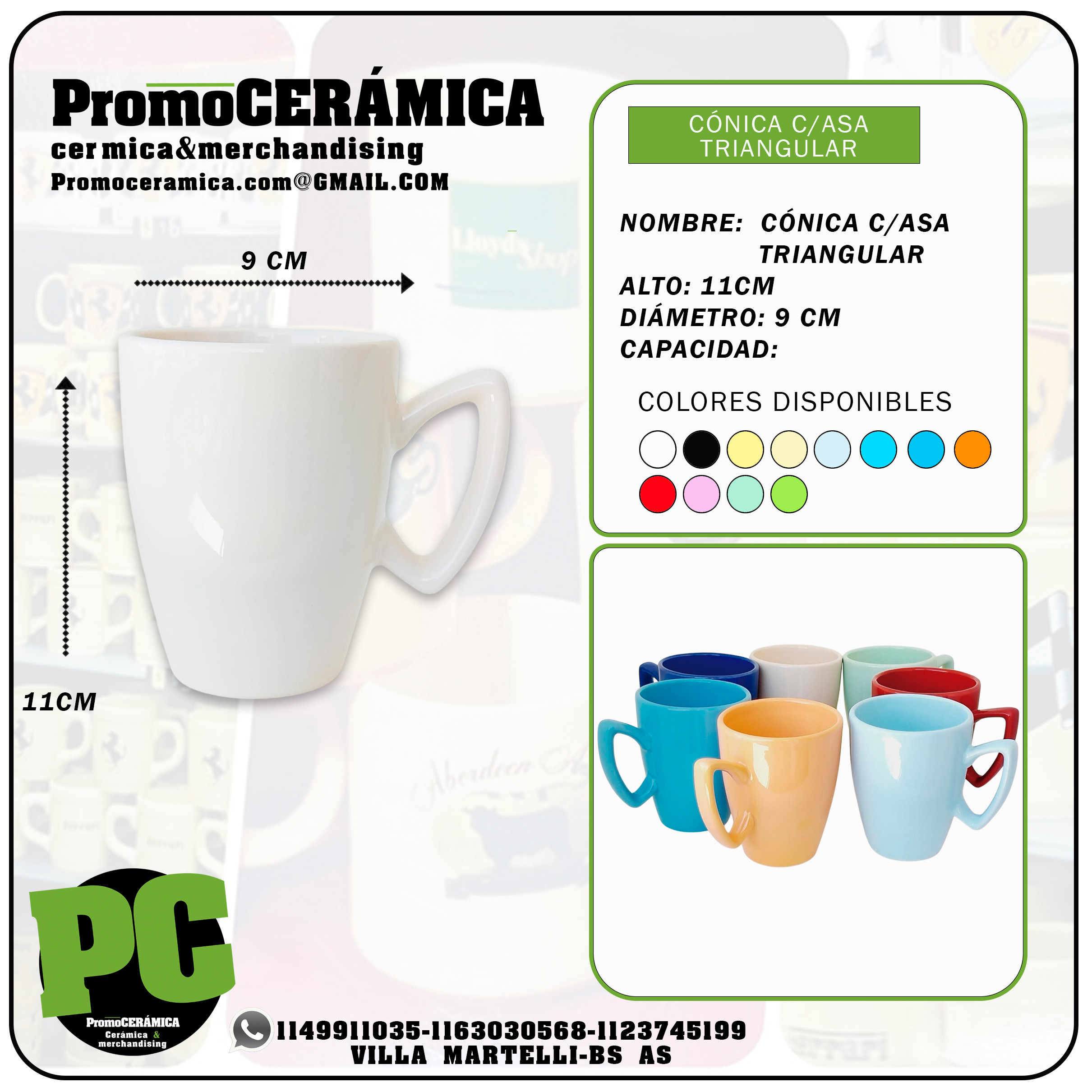 TAZA CÓNICA GRANDE CON ASA TRIANGULAR CERÁMICA BLANCA