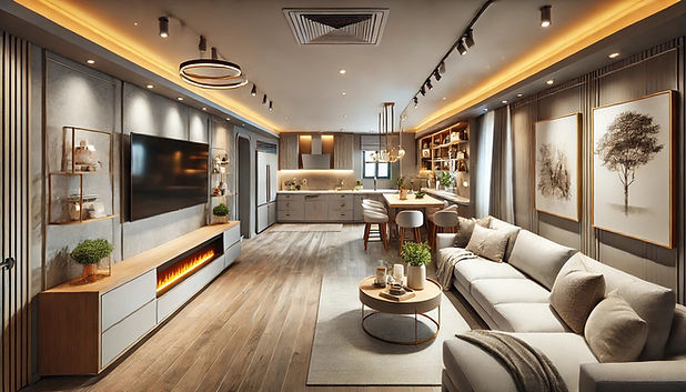 images of a beautifully renovated basement, featuring a modern open layout, cozy living space, kitchenette, and home office nook.