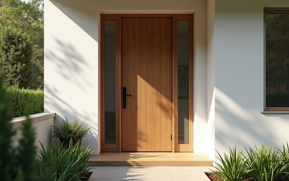 Modern wood-look fiberglass entry door with glass sidelights in Queen Annes County, MD