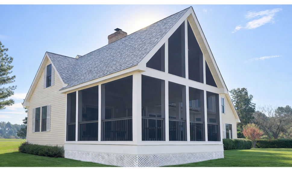 Screened porch addition with floor-to-ceiling screens on a white home in Easton,MD