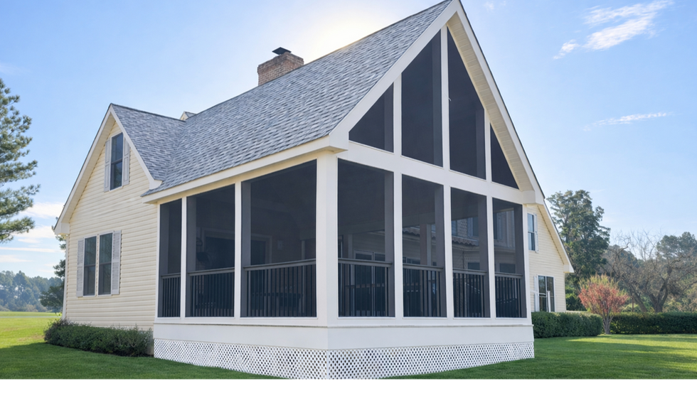 Screened porch addition with floor-to-ceiling screens on a white home in Easton,MD