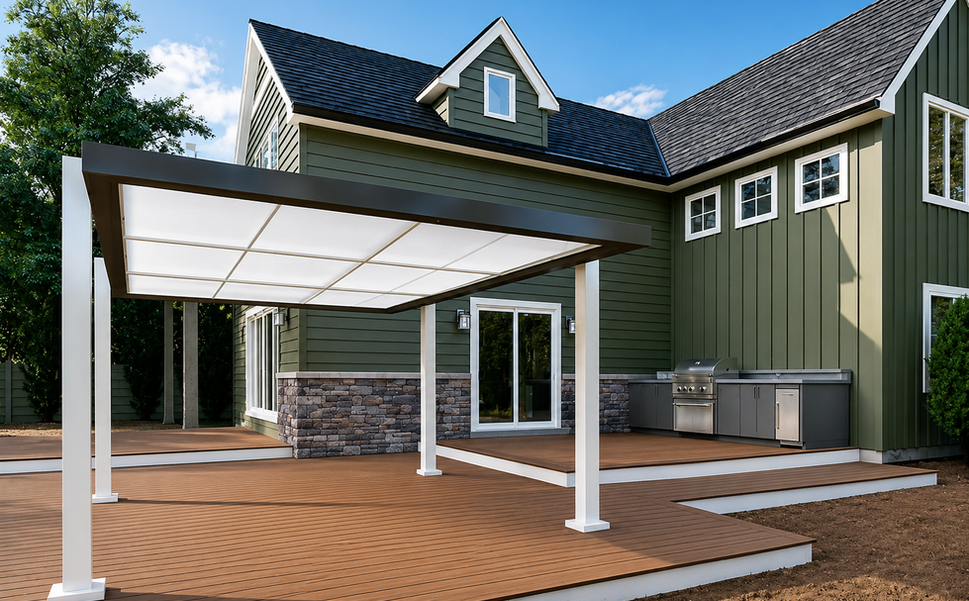 Composite deck with white pergola and outdoor kitchen on a green-sided home in Arnold, MD