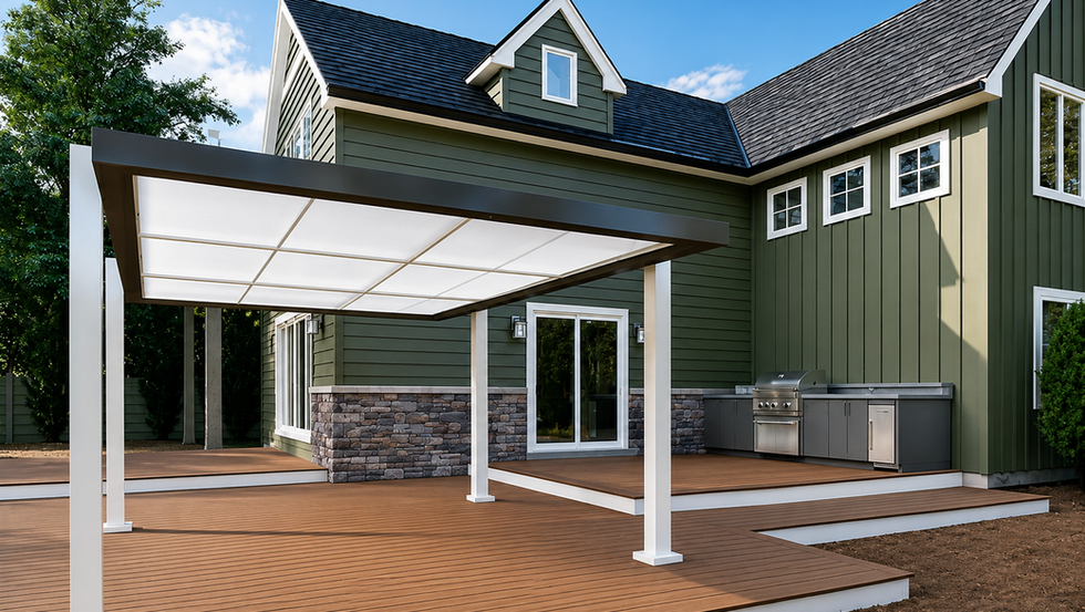 Composite deck with white pergola and outdoor kitchen on a green-sided home in Arnold, MD