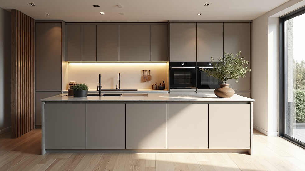 Wide angle view of a newly expanded kitchen with modern appliances