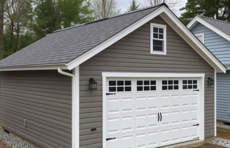 New detached one-car garage with gray siding and white door in Chester MD
