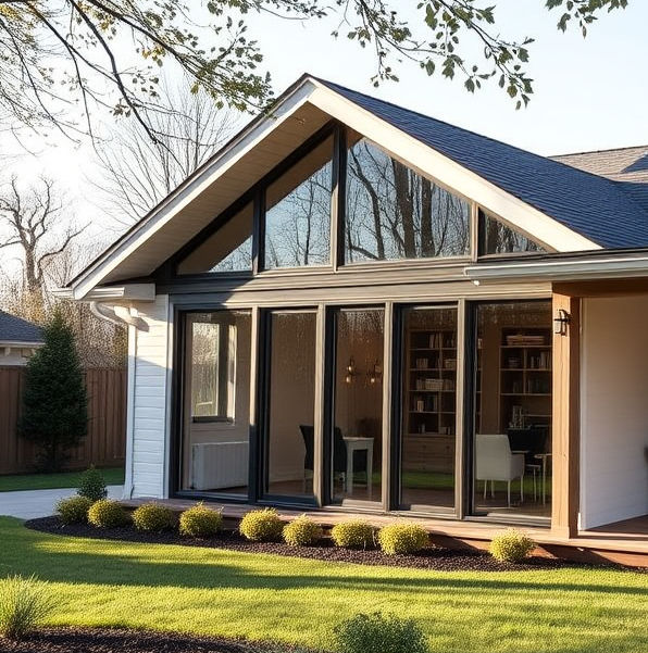 Modern porch addition with large glass windows on a gray home in Shady Side, MD