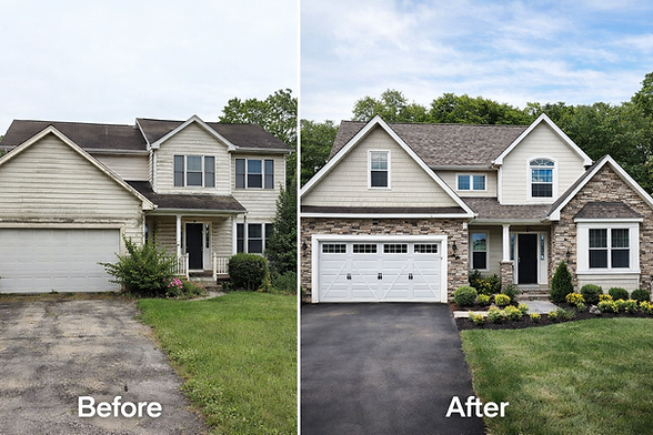A Maryland home before and after picture of a renovation with an addition built on, new stone work, siding, garage door and custom windows.