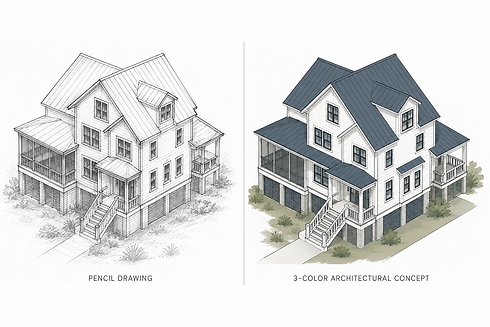 SIDE BY SIDE ONE PENCIL DRAWING AND ONE 3d architectural conceptual image of a new client