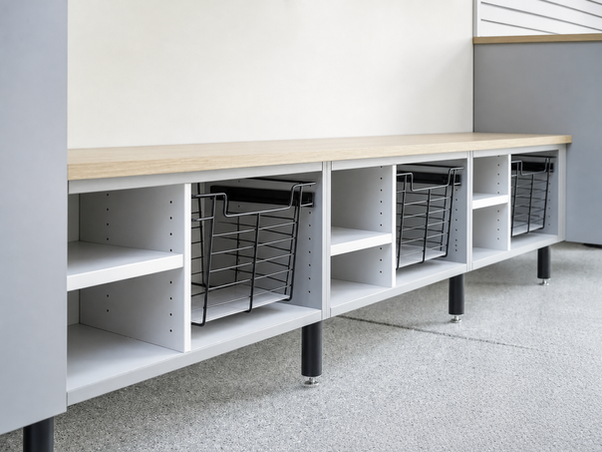 Open garage storage cabinet with adjustable shelves and hanging rod, Easton, MD