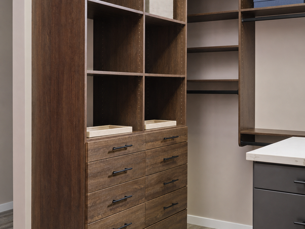 Espresso storage tower with open cubbies and drawers, custom walk-in closet, Cambridge, MD