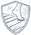 Shield logo with stylized foot and deck-like planks