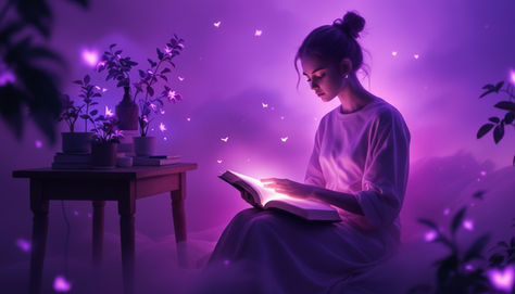 femme assise en train de lire, décor floral