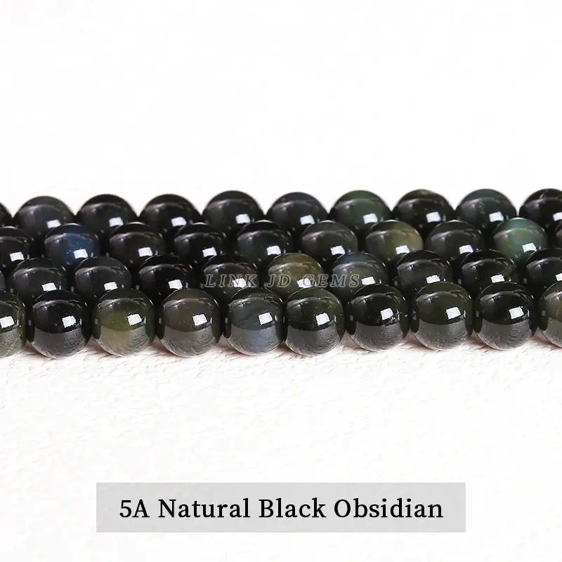 Küçük resim: Natural Stone Golden Black Obsidian Bead Shinny Round Loose Gemstone Bead for