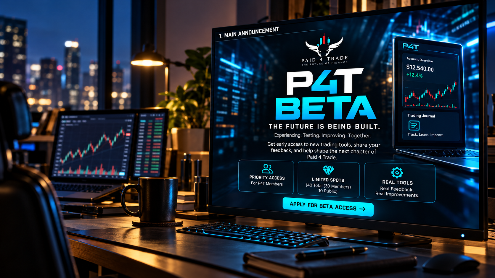 Paid 4 Trade Beta campaign displayed on a realistic trading desk with the official winged bull brand mark and cyan market screens
